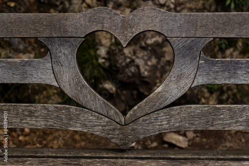 Panoramic view Lake Bled, beauty heritage in Slovenia. View from Ojstrica and Mala Osojnica with the heart-shaped bench. Romantic symbol of love, lovers place, bench of love, valentine day's dating. photo