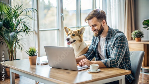 A remote worker taking a short break, petting a dog while sitting at a desk with a laptop and documents spread out.  © No