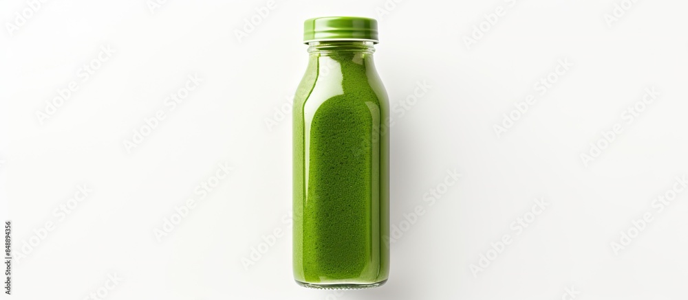 A top down view of a glass bottle filled with organic green juice on a white surface ideal for adding text or other elements to the image. Copy space image. Place for adding text and design A top down view of a glass bottle filled with organic green juice on a white surface ideal for adding text or other elements to the image. Copy space image. Place for adding text and design