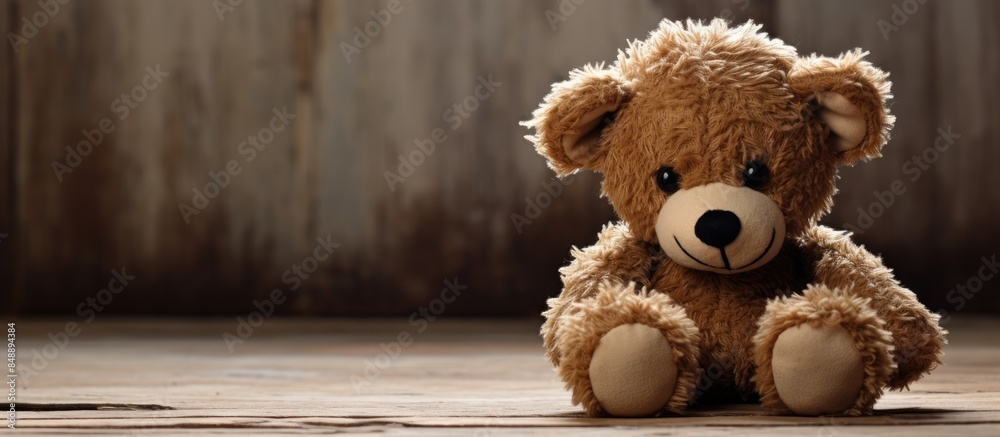 Teddy bear with eyes covered in an empty room front view copy space image available Teddy bear with eyes covered in an empty room front view copy space image available