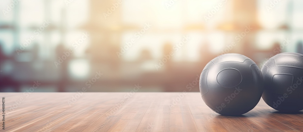 Fitness concept with workout weight equipment depicted in a blurred gym background copy space image Fitness concept with workout weight equipment depicted in a blurred gym background copy space image