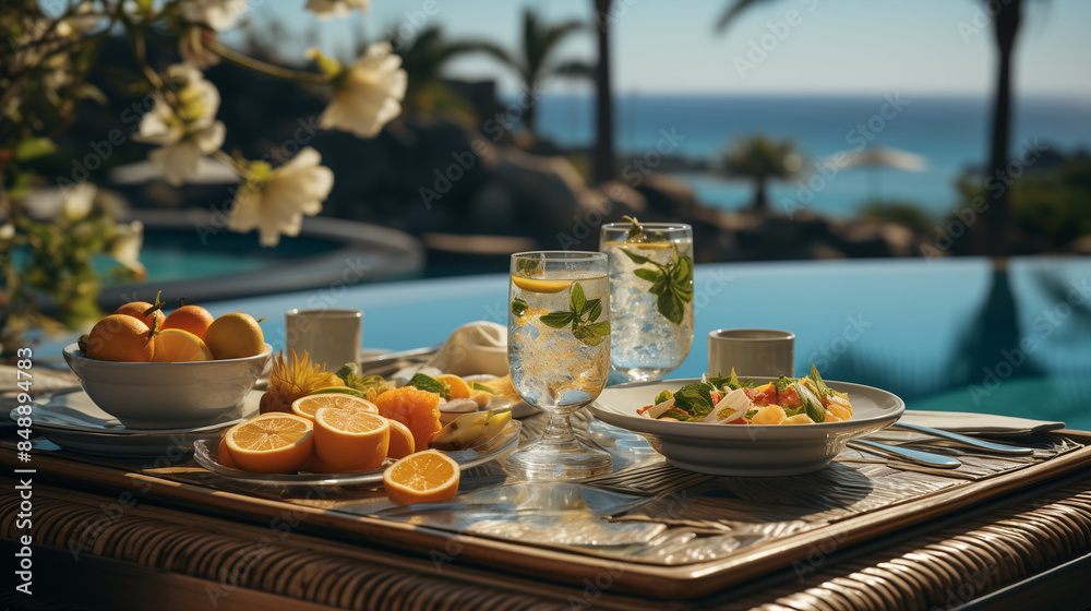 Naklejka premium Enjoy a luxurious floating breakfast in a tropical resort's swimming pool. Delight in a healthy breakfast and fruit plate with a stunning ocean view, embodying tropical beach luxury lifestyle.