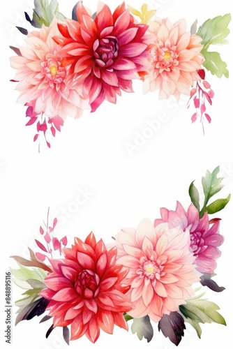 ahlia themed frame or border for photos . in bold and vibrant colors. watercolor illustration, white color background. Good for wedding print products, paper, invitations, greetings, fabric, posters.