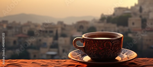 A classic Lebanese coffee cup placed before an ebrik in the backdrop for a copy space image photo