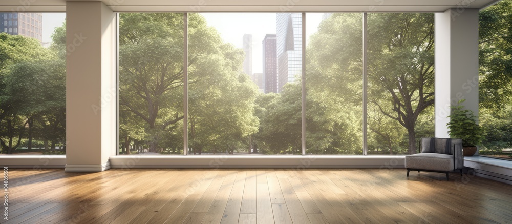Fototapeta premium A living room with wooden floors and big windows revealing street lined trees providing a copy space image