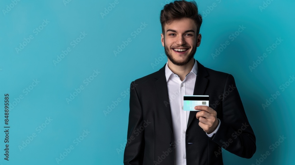 Handsome young business man wearing black suit smiling, showing, presenting credit card for online payment Handsome young business man wearing black suit smiling, showing, presenting credit card for online payment