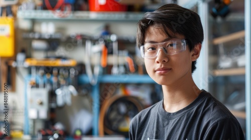 The picture of the east asian male teenager that wearing the safety goggle inside workshop about robot or technology, the robotics engineer require skill electrical and mechanical engineering. AIG43.