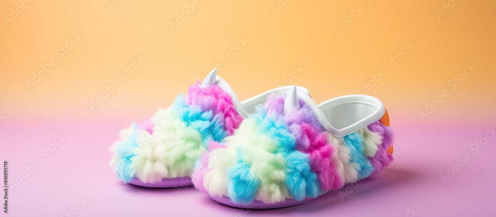 Fluffy white unicorn slippers in a pop art style placed on a pastel colored background with copy space image Fluffy white unicorn slippers in a pop art style placed on a pastel colored background with copy space image