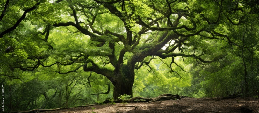 Image of a camphor tree in a forest highlighting its role in ecology with space for including text. Copy space image. Place for adding text and design Image of a camphor tree in a forest highlighting its role in ecology with space for including text. Copy space image. Place for adding text and design