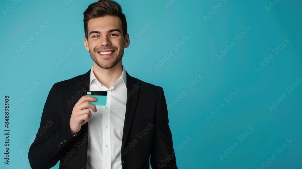 Handsome young business man wearing black suit smiling, showing, presenting credit card for online payment Handsome young business man wearing black suit smiling, showing, presenting credit card for online payment
