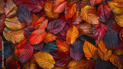 A close up of a pile of autumn leaves with a variety of colors