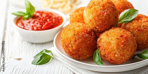 Wallpaper Mural Homemade arancini, with basil and marinara sauce, rice balls, Italian cuisine, Sicilian, background, wallpaper. Torontodigital.ca