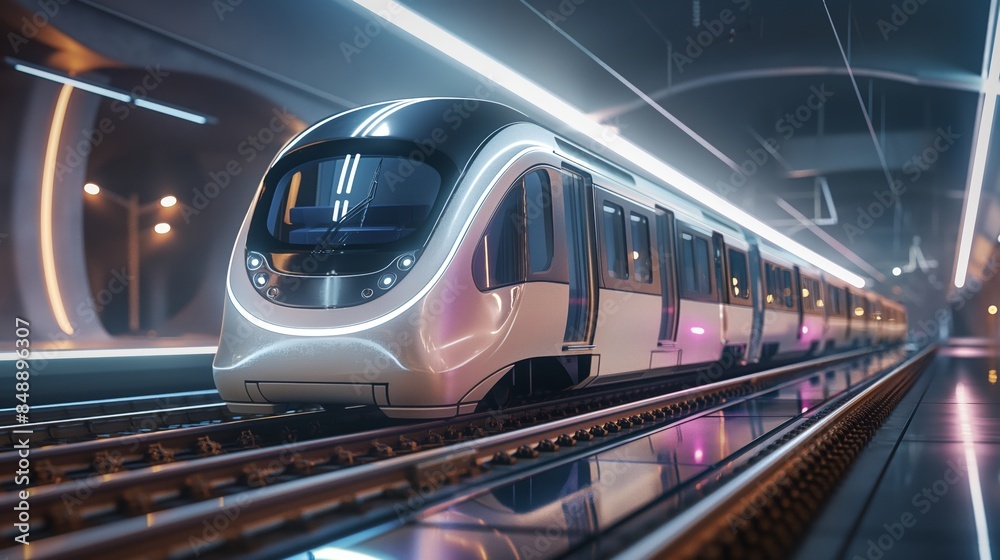 Fototapeta premium Futuristic subway train with a sleek, streamlined design in a modern, well-lit underground station, featuring advanced technology and efficient urban transit