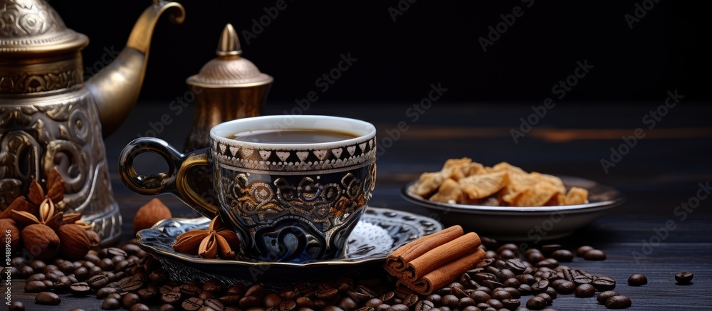 Fototapeta premium Turkish coffee cup on black backdrop with coffee beans traditional spices and a sand coffee pot creating a composition with copy space image