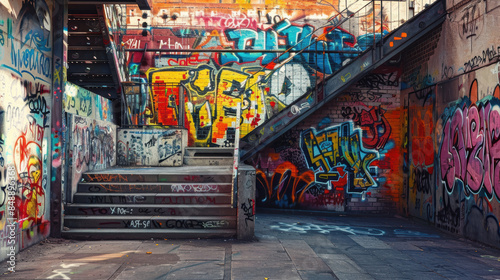 A graffiti covered stairwell with a stairway leading up to a building © Sergei