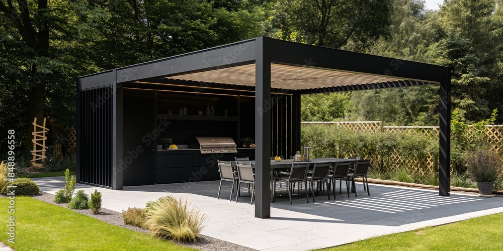 Modern summer patio design with wooden furniture and barbecue, surrounded by lush greenery. Modern summer patio design with wooden furniture and barbecue, surrounded by lush greenery.