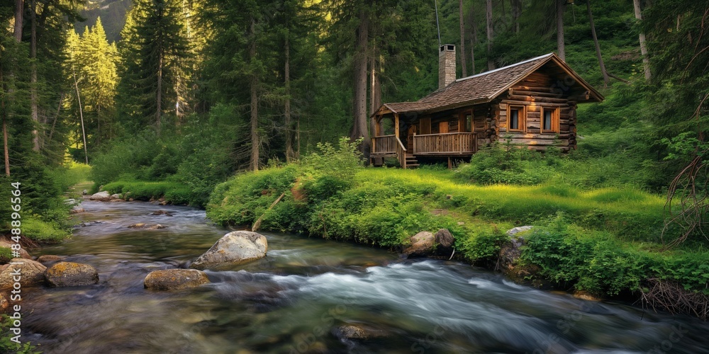 Riverside cabin in a serene forest landscape, amidst majestic mountains and tranquil waters. Riverside cabin in a serene forest landscape, amidst majestic mountains and tranquil waters.