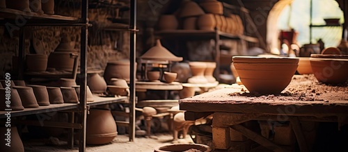 Close up of ceramic pottery and handcrafted items being dried in a kiln with a special oven showcasing a copy space image