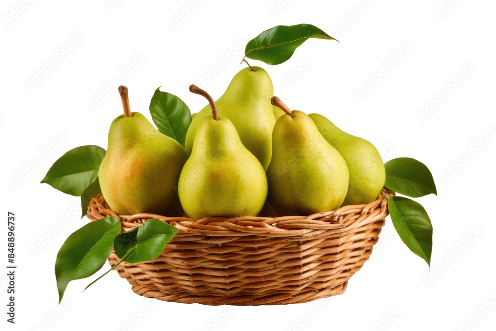 Harvesting Natures Bounty: A Basket of Pears and Green Leaves on a Clear PNG or White Background. Harvesting Natures Bounty: A Basket of Pears and Green Leaves on a Clear PNG or White Background.