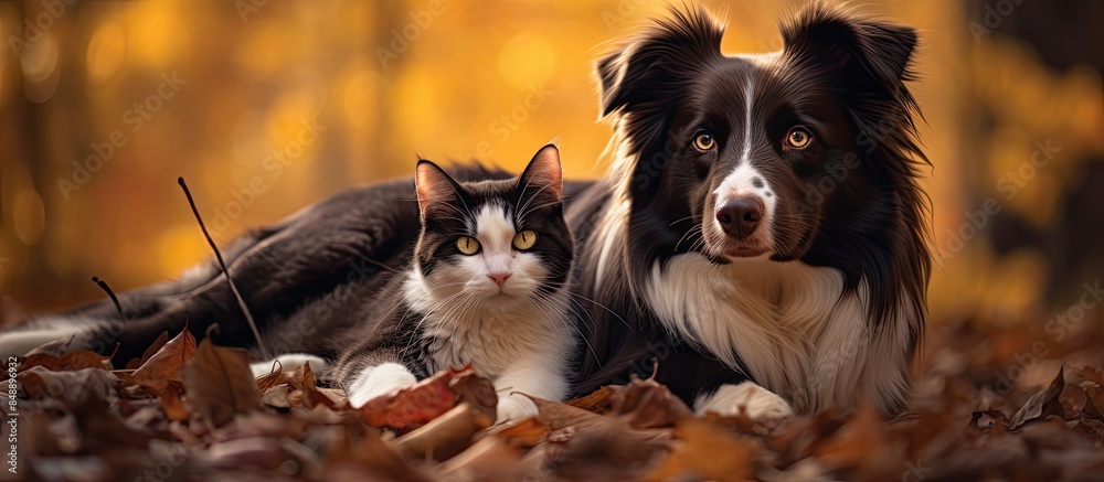 Australian Shepherd and a black cat surrounded by autumnal vibes in a nature setting with a dark and light color contrast perfect for a copy space image Australian Shepherd and a black cat surrounded by autumnal vibes in a nature setting with a dark and light color contrast perfect for a copy space image