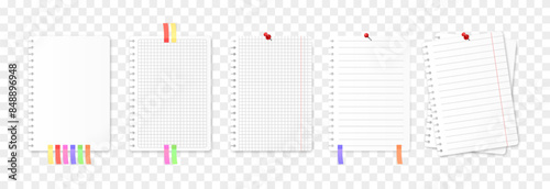 Vector set of notebook sheets png. Notebook sheets with a paper clip, push pin, adhesive sticker png.