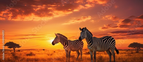 Zebras in the Serengeti National Park in Africa on the savanna during sunset with copy space image