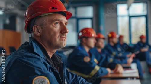 A man in a blue uniform with a badge intently listens during a training session, with others in the background, reflecting a sense of dedication.