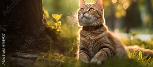 An injured cat sits in a park with one front leg raised captured in a close up copy space image showcasing its lower body photo