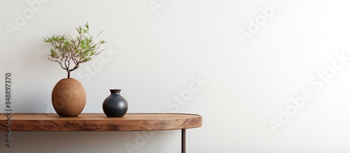 Minimalistic living room interior featuring a wooden table and a round vase with decorative sprigs against a white wall creating a stylish ambiance with copy space image