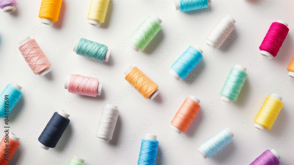Colorful pastel spools of thread paired with matching ribbons, arranged on a light background for a creative, whimsical display. Colorful pastel spools of thread paired with matching ribbons, arranged on a light background for a creative, whimsical display.