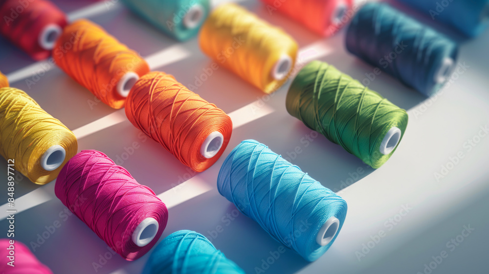 Rows of colorful thread spools arranged neatly on a light surface, illuminated by sunlight, highlighting vibrant hues and shadows.. Rows of colorful thread spools arranged neatly on a light surface, illuminated by sunlight, highlighting vibrant hues and shadows..