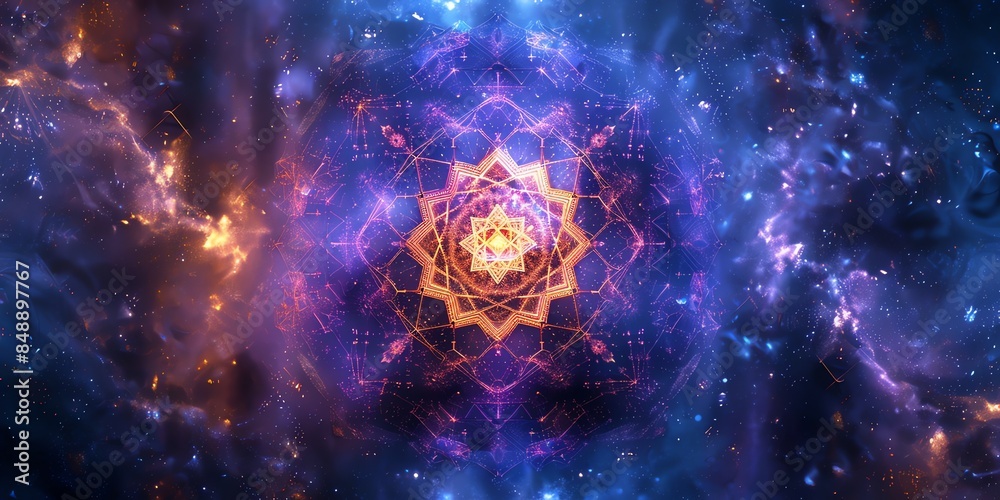 A hexagon, mystical design inspired by the I Ching, with ancient Chinese symbols and hexagrams. surrounded by an intricate pattern of trigrams. The background is a gradient of deep blues and purples, A hexagon, mystical design inspired by the I Ching, with ancient Chinese symbols and hexagrams. surrounded by an intricate pattern of trigrams. The background is a gradient of deep blues and purples,