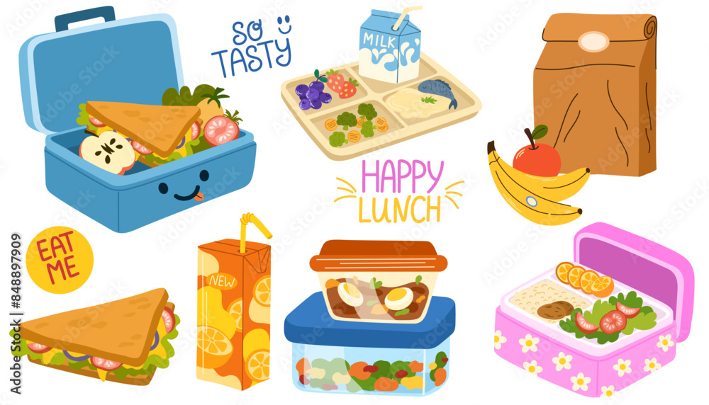 School lunch box, container, tray with meals, paper bag. Various food: sandwich, fruits, milk, juice, soda. Hand drawn Vector illustration. Isolated elements, design templates. Healthy food concept School lunch box, container, tray with meals, paper bag. Various food: sandwich, fruits, milk, juice, soda. Hand drawn Vector illustration. Isolated elements, design templates. Healthy food concept