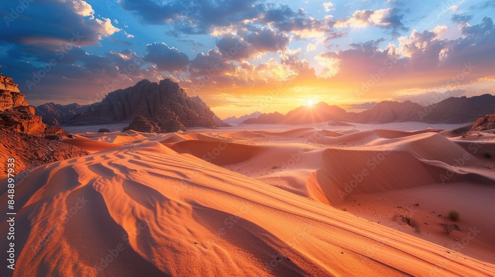 Fototapeta premium Sunset over Riyadh desert with mountain peaks and sand dunes