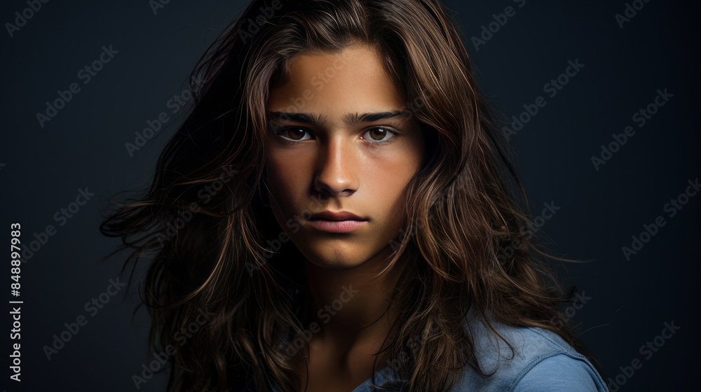 Naklejka premium Happy cheerful young latino generation z. Smiling ethnic cool generation z teenage student, long hair, blue background.