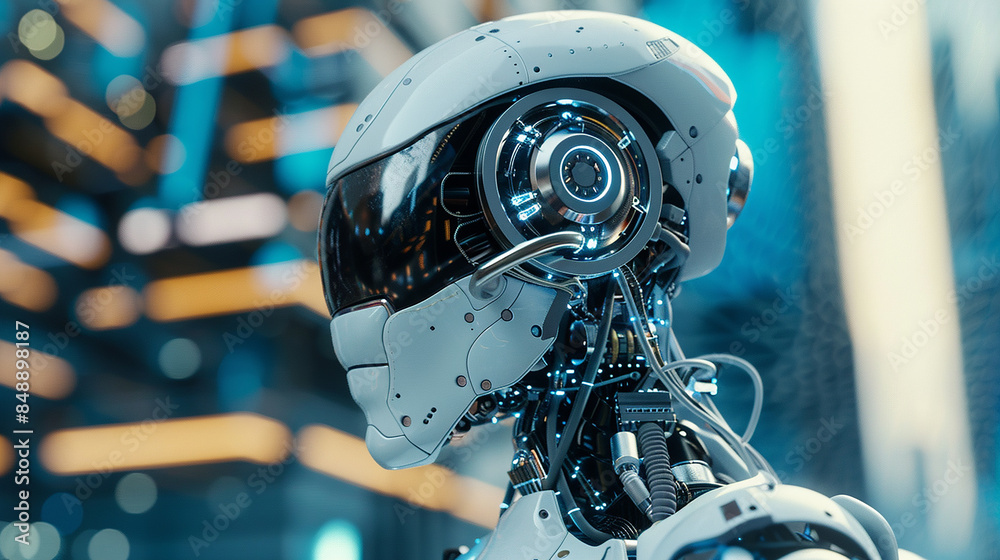 Fototapeta premium A robot with a human head showcasing AI Artificial Intelligence technology and a digital brain engin