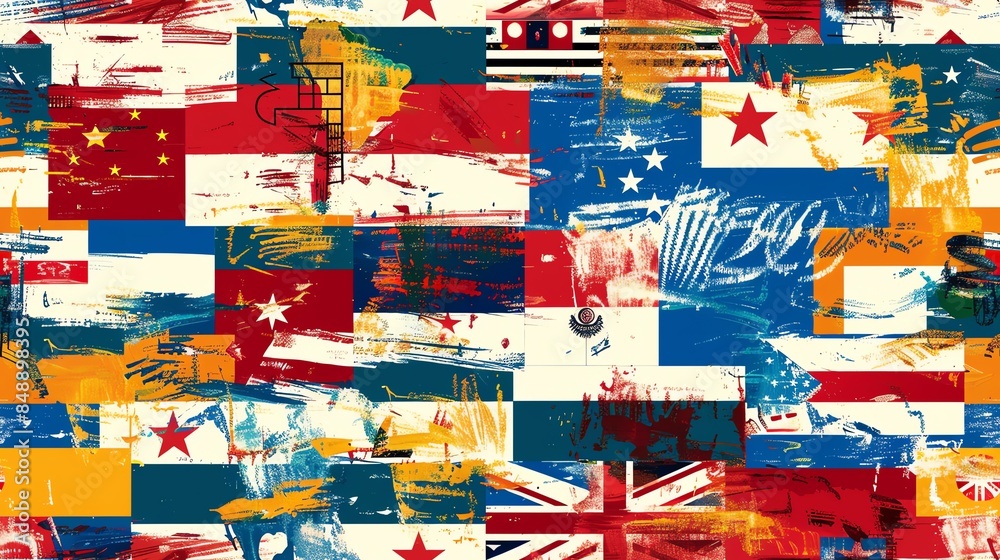Naklejka premium Artistic hand-drawn national flags in an abstract seamless pattern design