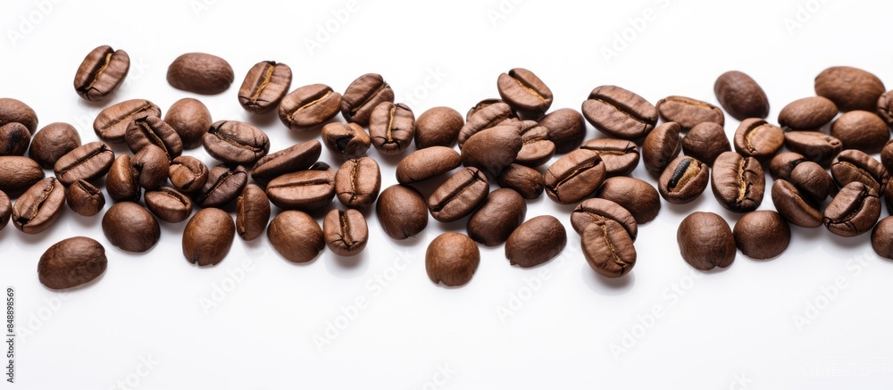 Obraz premium Close up view of coffee beans on a white background with copy space image