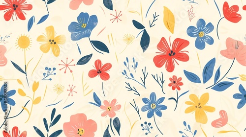 Charming hand-drawn flora in soft pastel red, blue, and yellow, seamless pattern