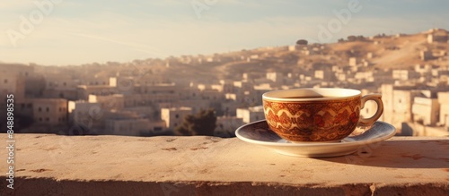 A classic Lebanese coffee cup placed before an ebrik in the backdrop for a copy space image photo