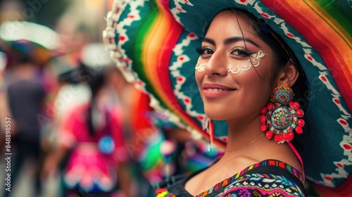 Vivid photo of a Mexican dark skinned woman in traditional attire, wearing big earrings and colorful sombrero