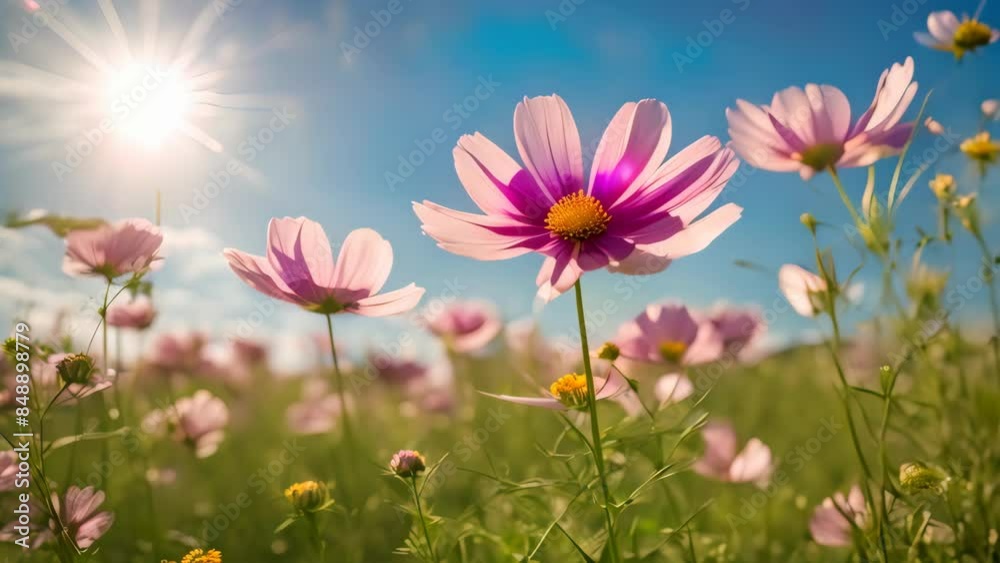 Cosmos flower on blue sky abstract background. Generative ai. Cosmos flower on blue sky abstract background. Generative ai.