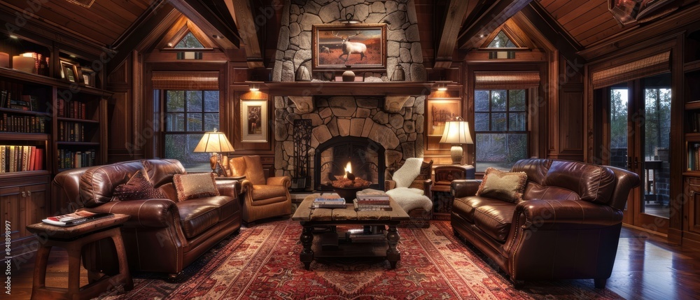 Living room interior with vaulted ceiling with wood cedar panelling stone fireplace brown leather armchairs coffee table and area rug natural brown tones. Living room interior with vaulted ceiling with wood cedar panelling stone fireplace brown leather armchairs coffee table and area rug natural brown tones.