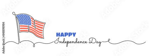 US Independence Day minimal banner with USA national flag one line art drawing. 4th July holiday background design.  photo