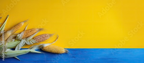 Minimalist art featuring a creative corn wall painting inspired by nature using a blue ear of corn as a paintbrush in a DIY project for a Fall concept with copy space image photo