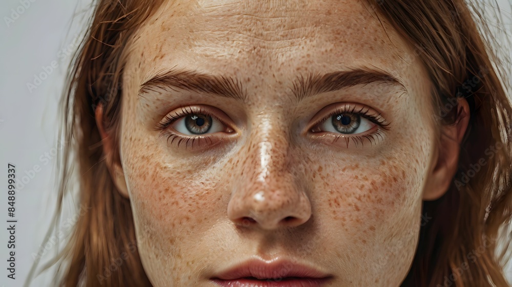 Fototapeta premium Close-up face of attractive young woman with melasma (hyperpigmentation often caused by hormonal changes) or freckles ( flat skin spots usually caused by genetics and exposure to the sun)