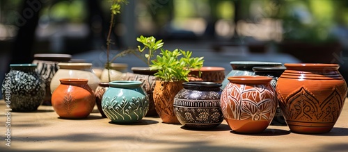 Various clay handicrafts featuring handmade decorative flower pots are available for sale showcasing colorful flowerpot patterns and new ceramic pottery designs with garden vase aesthetics and copy s photo
