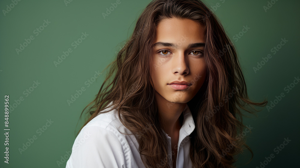 Fototapeta premium Happy cheerful young latino generation z. Smiling ethnic cool generation z teenage student, long hair, green background.