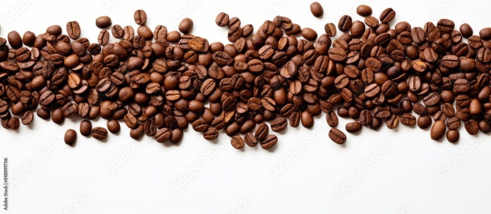 Ground and whole roasted coffee beans and fresh beans in a white background with space for text. Copy space image. Place for adding text and design Ground and whole roasted coffee beans and fresh beans in a white background with space for text. Copy space image. Place for adding text and design