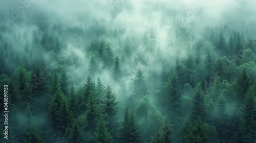 A pine forest with trees and a foggy sky